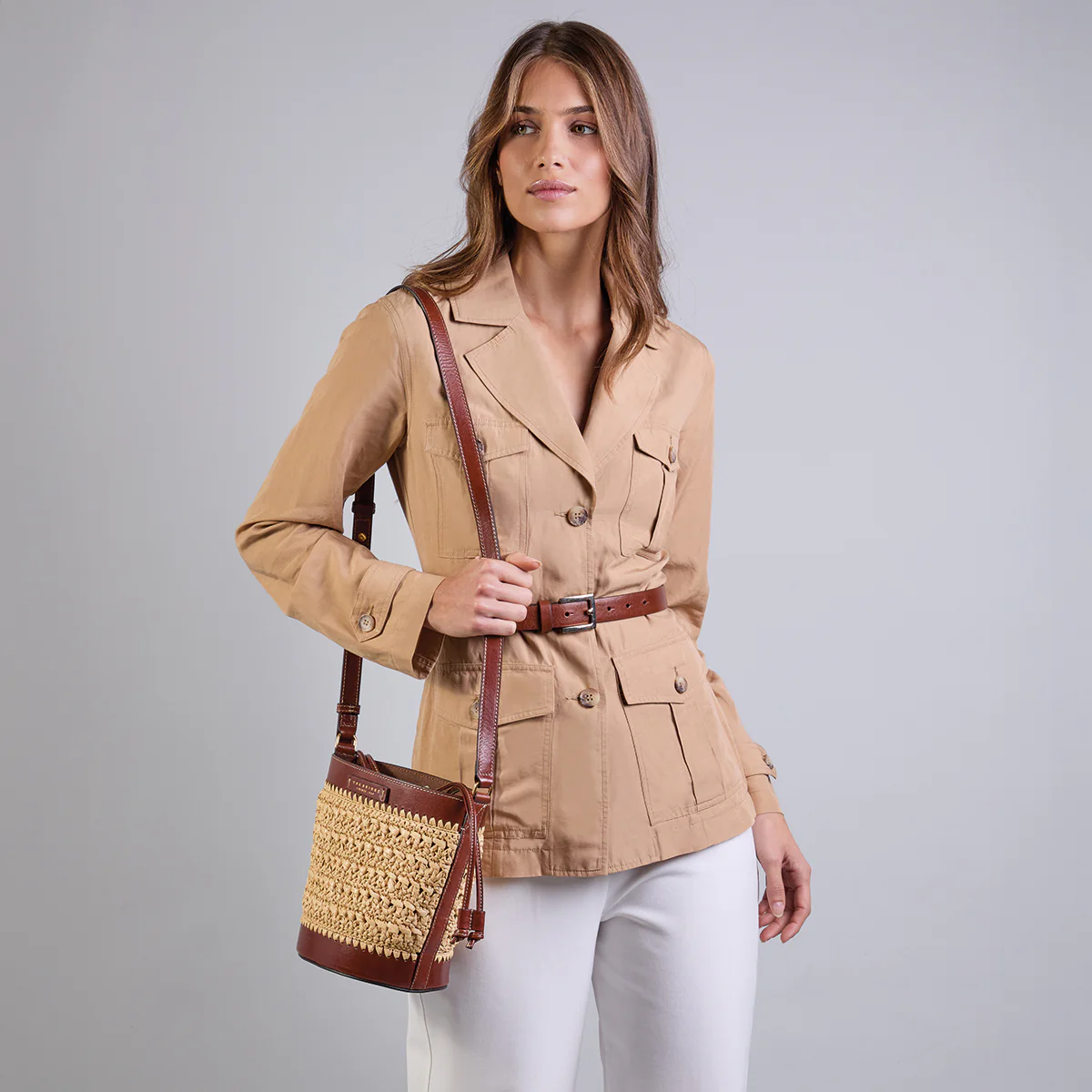Leather and Vienna straw bucket bag - Image 6