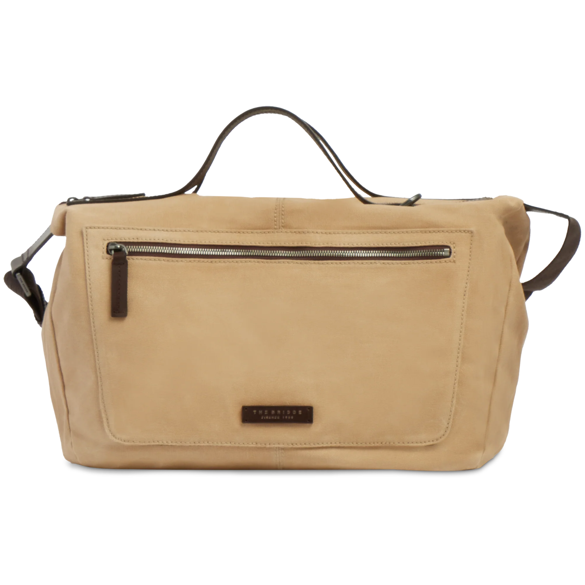 Leather and fabric travel duffle bag with shoulder strap