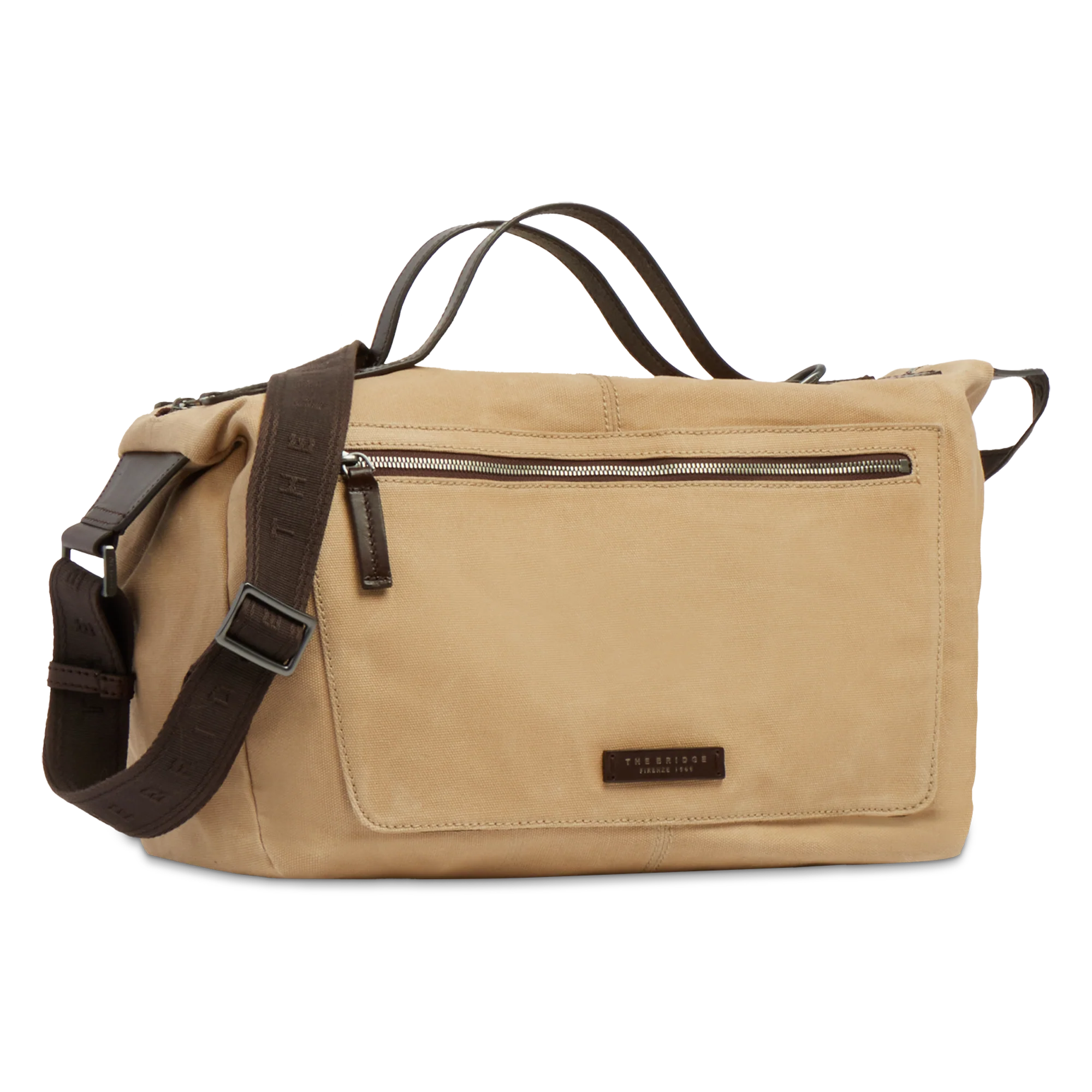 Leather and fabric travel duffle bag with shoulder strap - Image 2