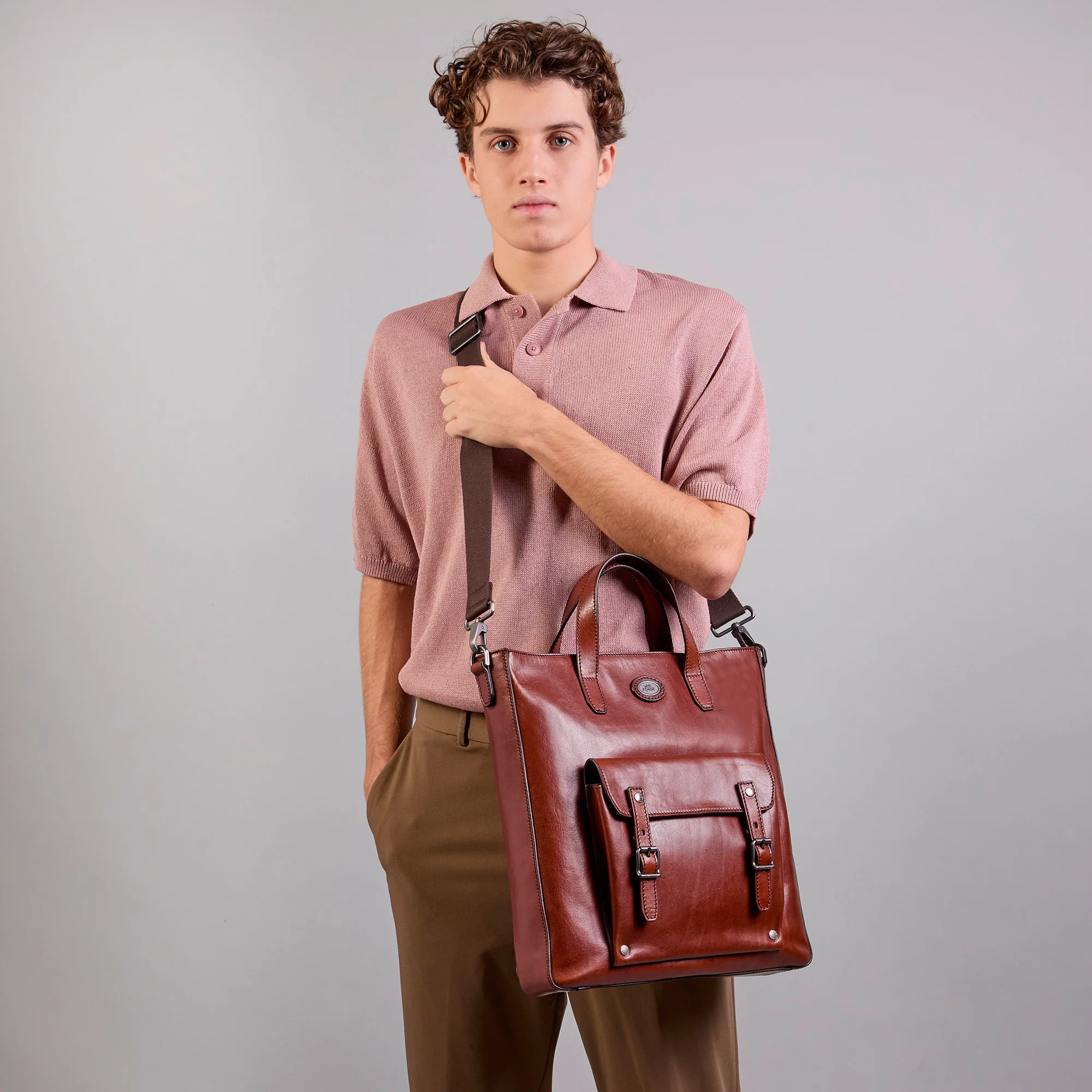 Leather and fabric briefcase with shoulder strap - Image 8